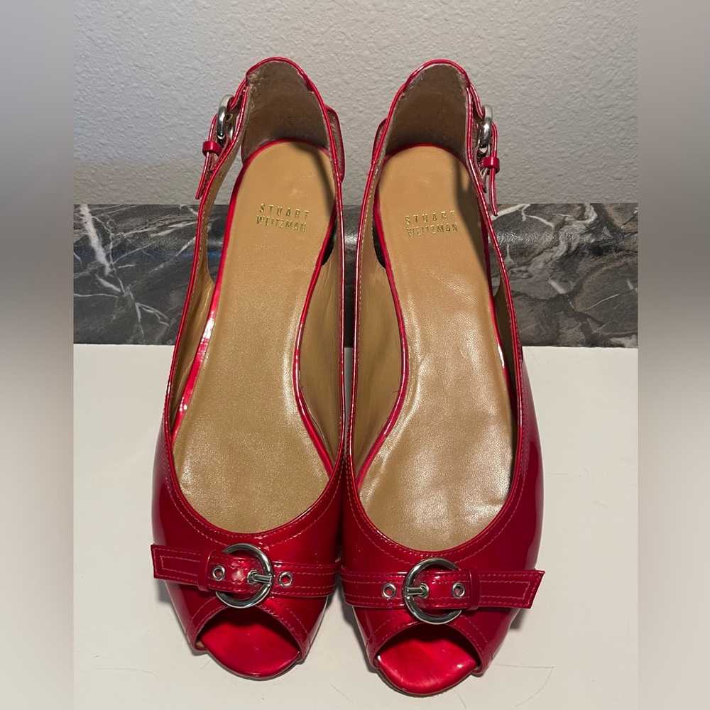 Stuart Weitzman Red Patent Leather Open Toe Chitchat Flats